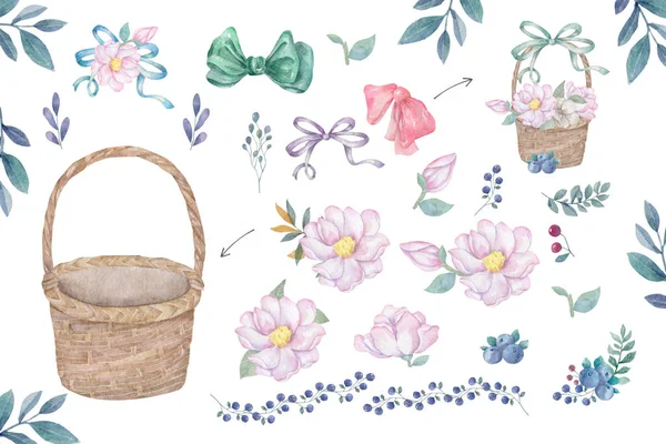 Acquerello cesto di legno di fiori disegnato a mano illustrazione piatto cesto clip art su sfondo bianco — Foto Stock
