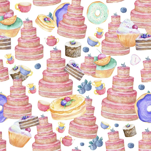 Pink tasty cake birthday isolated and color cups with berrypattern background of cute cupcakes in pastel colors watercolor, clip art for food pattern box, invite, birthday card on white background — Stock Photo, Image