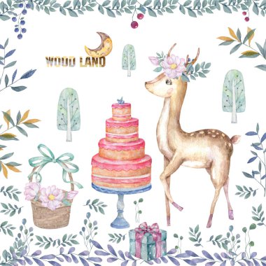 Cute baby deer with tasty cake animal isolated illustration for children. Bohemian watercolor boho forest deer family watercolor drawing Perfect for nursery posters. Birthday invite.