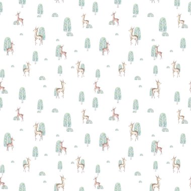 Sevimli karikatür geyik ve ağaç deseni. Kumaş baskı, duvar kağıdı, ambalaj kağıdı için renkli Illustration.