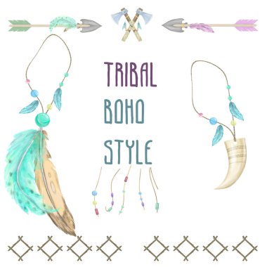 Beyaz arka plan üzerinde tüyler muska kemik diş Fang dijital sanat kabile Boho tarzı illüstrasyon geometrik