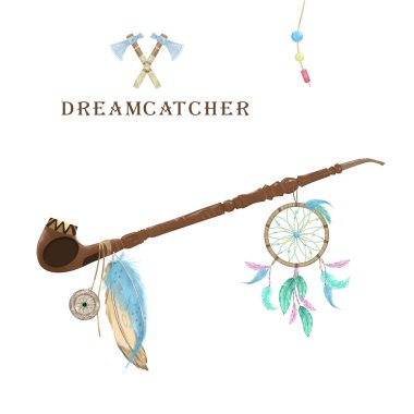 Dreamcatcher, tüyler ve muska dijital küçük resim ile barış boru. Törensel yerli Amerikan borusu. Renk seti. İki balta. Beyaz arka planda Boho stili