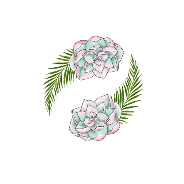 Fiori digitali, illustrazione disegno wihte sfondo, set tropicale bonquet, fiori cornice — Foto Stock