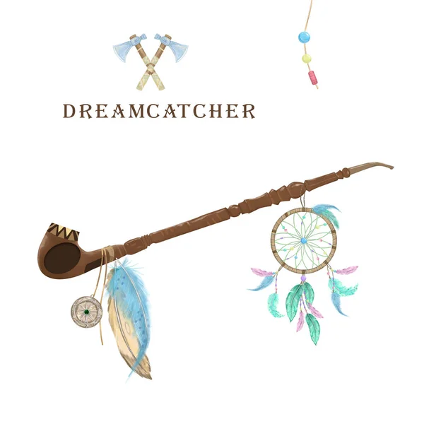 Tubo de paz com dreamcatcher, penas e amuleto arte clipe digital. Cachimbo nativo americano cerimonial. Conjunto de cores. Dois machados. Estilo Boho no fundo branco — Fotografia de Stock
