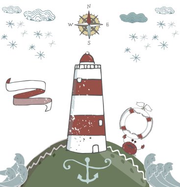 Kartpostal beyaz bulut dalgalar fener deniz feneri kar tanesi kart kırmızı manzara metin kutlama vektör veri yengeç şerit,,,