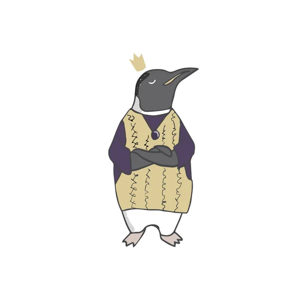 Πιγκουίνος στο ρουχισμό Crown διάνυσμα χαριτωμένο χαρακτήρα εικόνα μπουφάν σχέδιο χειμώνα στυλ πρόσωπο ζώο Ζωολογικός Κήπος πάγος θάλασσα ωκεανός βασιλικός πιγκουίνος Clip Art αστεία κάρτα Χαιρετισμός λευκό φόντο — Διανυσματικό Αρχείο
