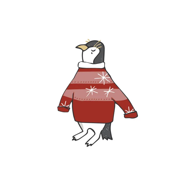 Pingvin kläder vektor karaktär illustration röd jacka ritning vinter Höst stil ansikte djur Zoo is havet Ocean Royal Penguin Clip Art leende kort clebration ogräs rensning hälsning tryck vit bakgrund — Stock vektor