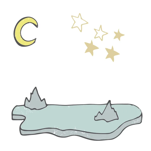 Iceberg e estrelas Paisagem lunar Antártica vetorial ilustração desenho shaddy estilo amarelo cor azul terra gelo cartão lugar texto design elementos geométricos sobre fundo branco —  Vetores de Stock