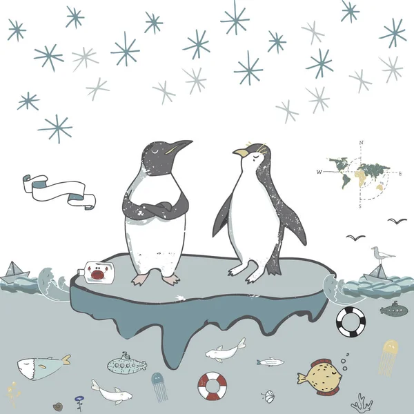 Pingvinek jég jégtábla vektor ünnepe üdvözlőlap születésnapi üdvözlőlapot téli hangulat barát iskola Xmas nap levél ünnepek táj hó pehely, aranyos állat arc mosoly fehér háttér — Stock Vector