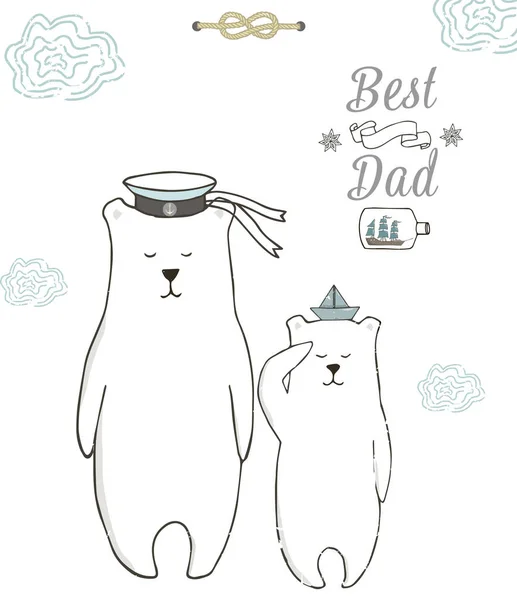 Best Dad, Happy Fathers Day, white background. Greeting card template. Bear polar digital clip art. Geometric gift card. Best father. Captain Bear. Dreamer dad. Text data ready card. Vector — Stock Vector