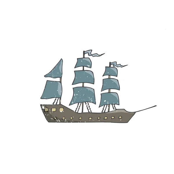 Velero vector marrón azul color vintage dibujo barco pirata capitán unidad madera vela cinta elementos geométricos viejo transporte océano mar viaje ventana mástil pésimo estilo ilustración fondo — Vector de stock