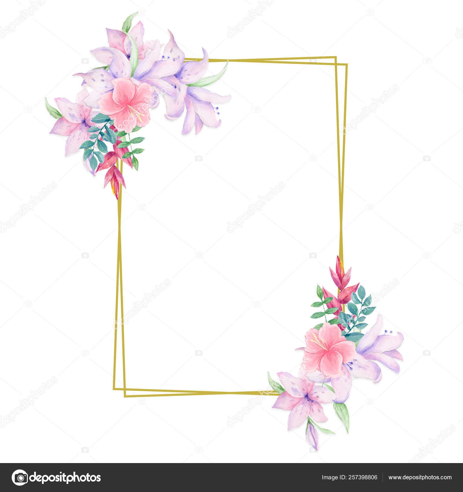 Γαμήλια πρόσκληση, γενέθλια, ευχετήρια κάρτα, υδατογραφήσεις ροζ floral και  πράσινα φύλλα γεωμετρικό χρυσό τετράγωνο πλαίσιο με κορδέλες εκτύπωση.  Rhombus ορθογώνιο πλαίσιο. Λευκό φόντο Εικονογράφηση από © arthouze #  257398806