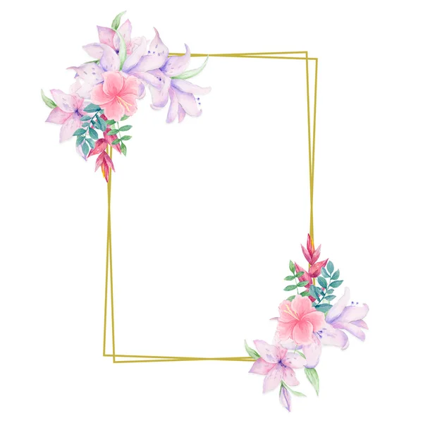 Hochzeitseinladung, Geburtstag, Grußkarte, Aquarell rosa floralen und grünen Blättern geometrischen goldenen quadratischen Rahmen mit Schleifen drucken. Rautenrechteckrahmen. weißer Hintergrund — Stockfoto