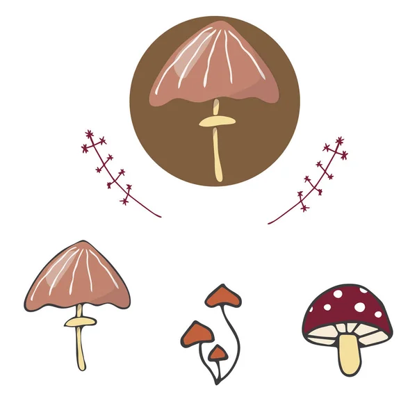 Mushrooms figura clip arte vector color textura elemento divertido bosque roble familia similar logotipo fantasía rojo arco menú de comida larga garabato tierra setas sobre fondo blanco — Vector de stock