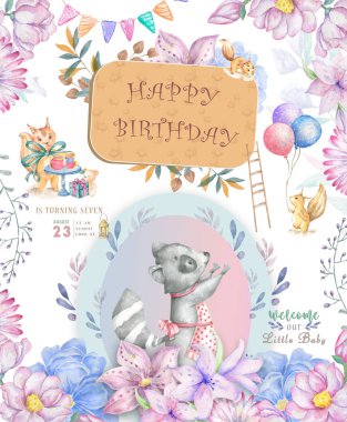Cute baby roccoon with tasty cake animal isolated illustration for children. Bohemian watercolor boho forest deer family watercolor drawing Perfect for nursery posters. Birthday invite.
