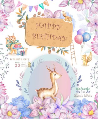 Cute baby deer and with tasty cake animal isolated illustration for children. Bohemian watercolor boho forest deer family watercolor drawing Perfect for nursery posters. Birthday invite.