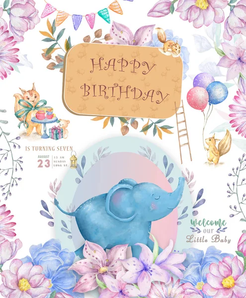 Happy birthday card with cute Elephant Watercolor animal. Cute baby greeting card. Boho flowers and floral bouquets Happy Birthday set. Watercolor greeting baby clip art on white background.