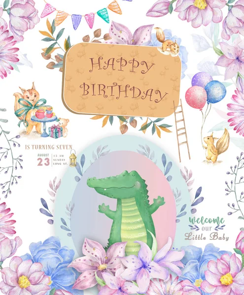 Gelukkig verjaardagskaart met schattig Croc Dandy aquarel dier. Schattige baby wenskaart. Boho bloemen en bloemen boeketten Happy Birthday ingesteld. Aquarel groet baby illustraties op witte achtergrond. — Stockfoto