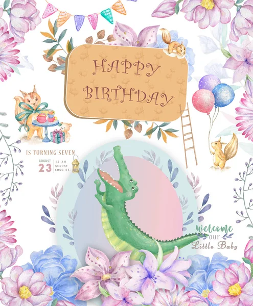 Happy birthday card with cute Croc Dandy Watercolor animal. Cute baby greeting card. Boho flowers and floral bouquets Happy Birthday set. Watercolor greeting baby clip art on white background.
