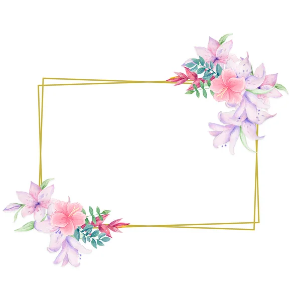 結婚式の招待状、誕生日、グリーティングカード、水彩ピンクの花柄と緑の葉の幾何学的な黄金の正方形のフレームは、印刷します。菱形の四角形フレーム。白の背景 — ストック写真