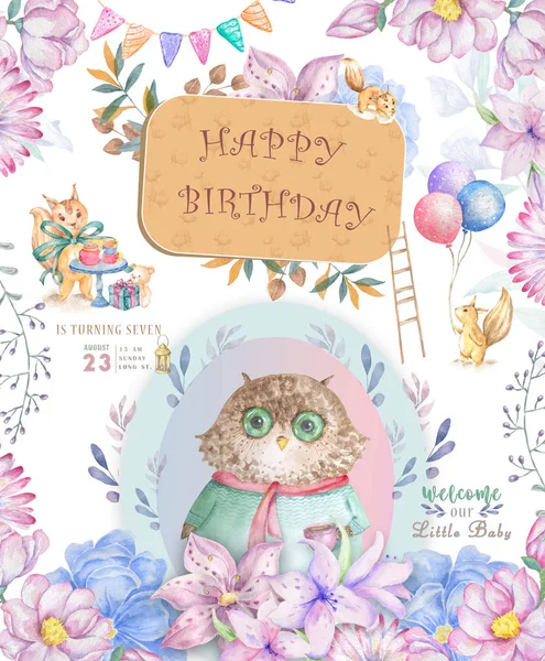 Watercolor cute Cartoon Owl. Cute baby greeting card. Boho flowers and floral bouquets Happy Birthday set. Watercolor greeting baby clip art on white background.