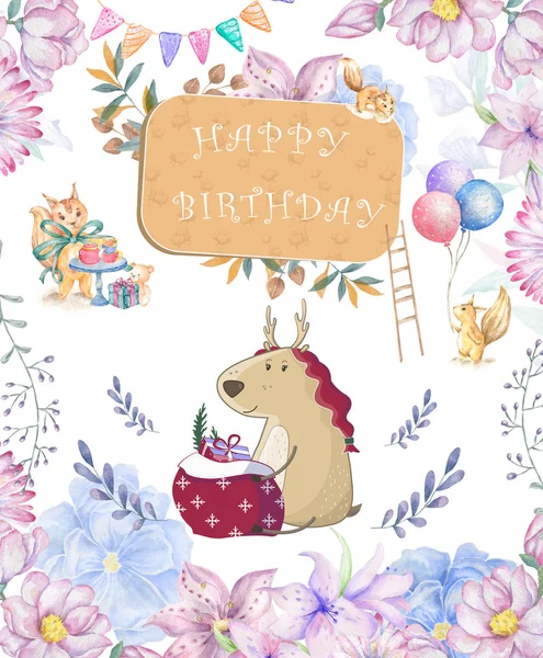 Leuke gelukkige verjaardag kaart met cartoon herten. Aquarel Fairy glinsterende Clip Art en schoonheid Boho roze bloemen, bloemen. lamp licht en blad voor wenskaart op witte achtergrond. Funny forest Zoo. Voor gift baby — Stockfoto