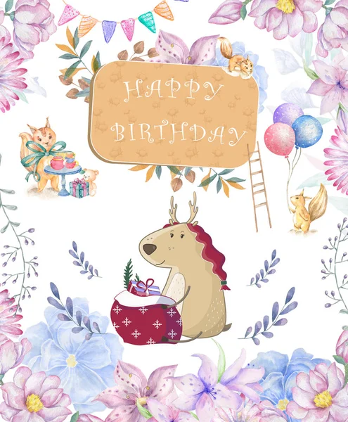 Cute happy birthday card with cartoon Deer. Watercolor fairy clip art and beauty boho pink flowers, floral. lamp light and leaf for greeting card on white background. Funny forest zoo. For gift baby