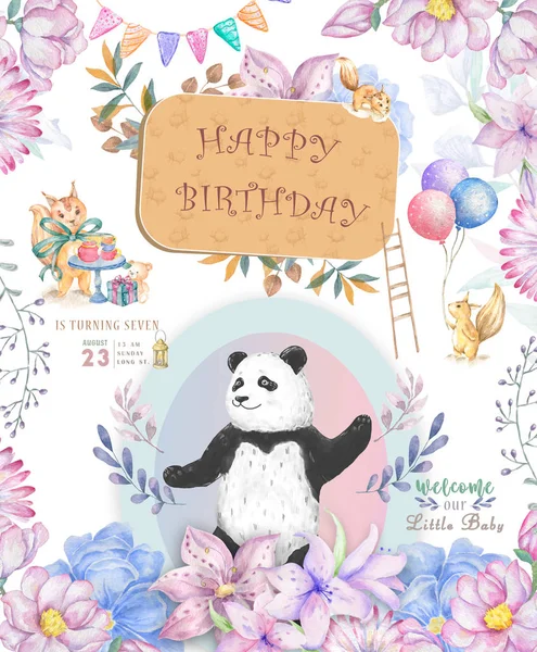 Happy Birthday Card Design met schattige Panda Bear en Boho bloemen en bloemen boeketten illustratie. Aquarel illustraties voor groet, uitnodigen viering kaart. Grappige Aziatische Beer. Zoo kaart — Stockfoto