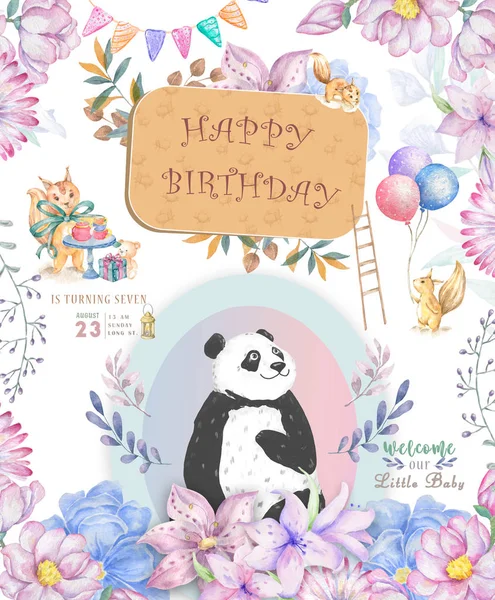Happy Birthday Card Design met schattige Panda Bear en Boho bloemen en bloemen boeketten illustratie. Aquarel illustraties voor groet, uitnodigen viering kaart. Grappige Aziatische Beer. Zoo kaart — Stockfoto