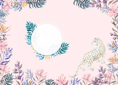 Düğün için tropikal yaprakları, çiçekler ivedilik ve leopar ile suluboya egzotik daire çerçeve, davet, doğum günü kartı, afiş. Mavi arka planda izole illustrarion yaz renkleri. Retrospektif