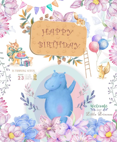 Милая открытка на день рождения с бегемотом. акварель бегемот и красота розовые цветы, цветочные и листья для приветствия, приглашение, праздничная открытка Смешной зоопарк, красота иллюстрации. Для малыша и ребенка — стоковое фото