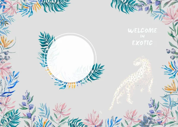 Cadre de cercle exotique aquarelle avec feuilles tropicales, fleurs et léopard pour mariage, invitation, carte d'anniversaire, bannière. Illustration isolée des couleurs estivales sur fond bleu. Rétrospective — Photo