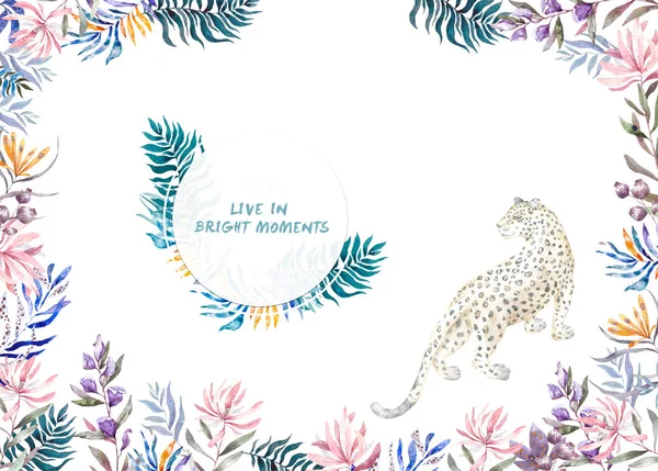 Akvarelu exotické kruh rám s tropické listy, květy a leopard pro svatba, pozvánky, přání k narozeninám, banner. Izolované illustrarion letní barvy na bílém pozadí. — Stock fotografie