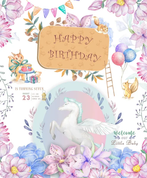 Aranyos boldog születésnapot kártya cartoon Pegasus. Akvarell tündér csíptet művészet és a szépség boho rózsaszín virágok, virágos. lámpa fény és levél üdvözlés kártya fehér háttér — Stock Fotó
