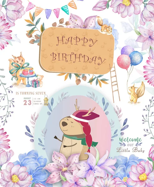 Cute happy birthday card with cartoon Deer. Watercolor fairy clip art and beauty boho pink flowers, floral. lamp light and leaf for greeting card on white background. Funny forest zoo. For gift baby