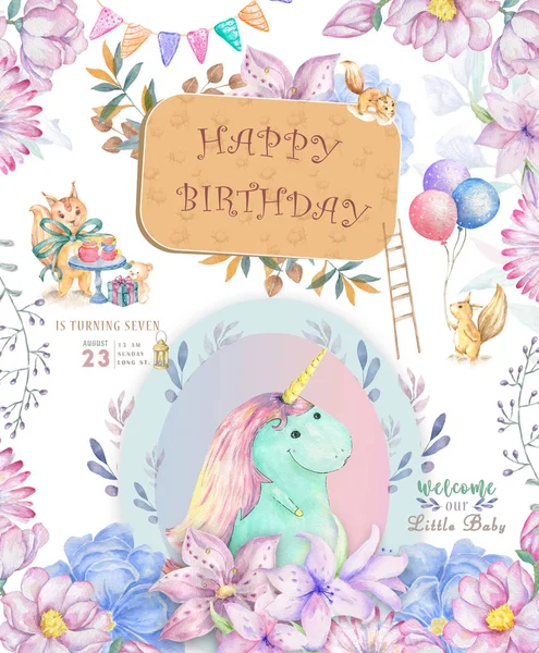 Söta Grattis på födelsedagen kort med Cartoon Unicorn. Akvarell Fairy Clip Art och skönhet Boho rosa blommor, blommig. lampa ljus och löv för firande, hälsning Zoo kort Kid och baby på vit bakgrund — Stockfoto