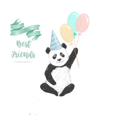 Sevimli panda ayı ve boho çiçekleri ve çiçek buketleri illüstrasyon ile Happy Birthday kart tasarımı. Tebrik için suluboya küçük resim, kutlama kartı davet. Komik Asya ayısı. Hayvanat bahçesi kartı