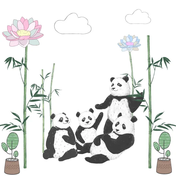 Buon compleanno disegno biglietto con simpatico orso panda e fiori boho e mazzi di fiori illustrazione. Clip art acquerello per il saluto, invitare biglietto di auguri. Divertente orso asiatico. Carta dello zoo — Foto Stock