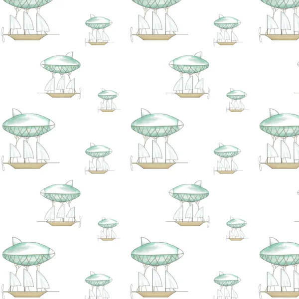 Airship e airbus modello volante clip art, illustrazione texture disegno su sfondo bianco pennello ad acquerello. Bambini abbigliamento , — Foto Stock