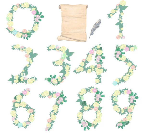 Números de aquarela de beleza de folhas e flores de limão para aniversário, convite, celebração e cartão de férias no fundo branco — Fotografia de Stock