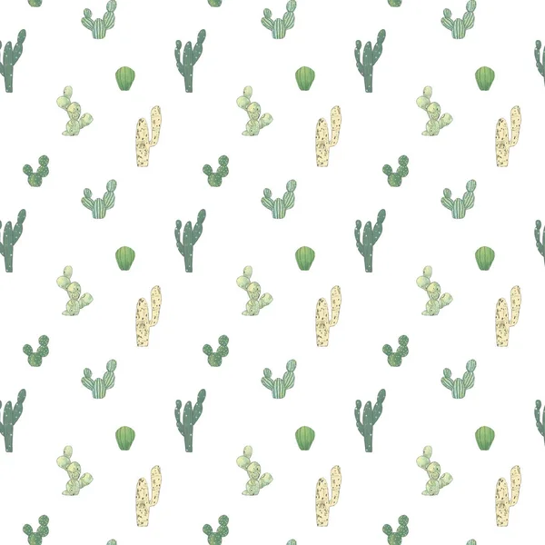 Vzorek akvarel s různými kaktusy. Jasně opakovaná textura se zeleným kaktusem. Přirozené pozadí při kreslení pouštních rostlin. — Stock fotografie