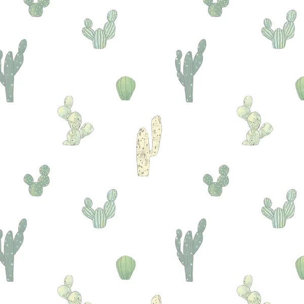 Vzorek akvarel s různými kaktusy. Jasně opakovaná textura se zeleným kaktusem. Přirozené pozadí při kreslení pouštních rostlin. — Stock fotografie