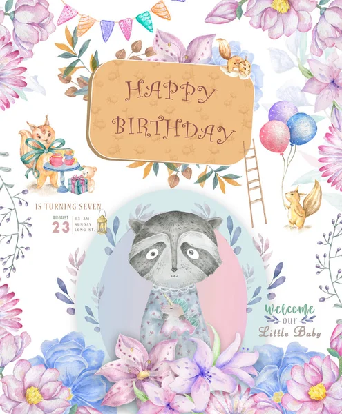 Cute baby roccoon with tasty cake animal isolated illustration for children. Bohemian watercolor boho forest deer family watercolor drawing Perfect for nursery posters. Birthday invite. — Stock Photo, Image