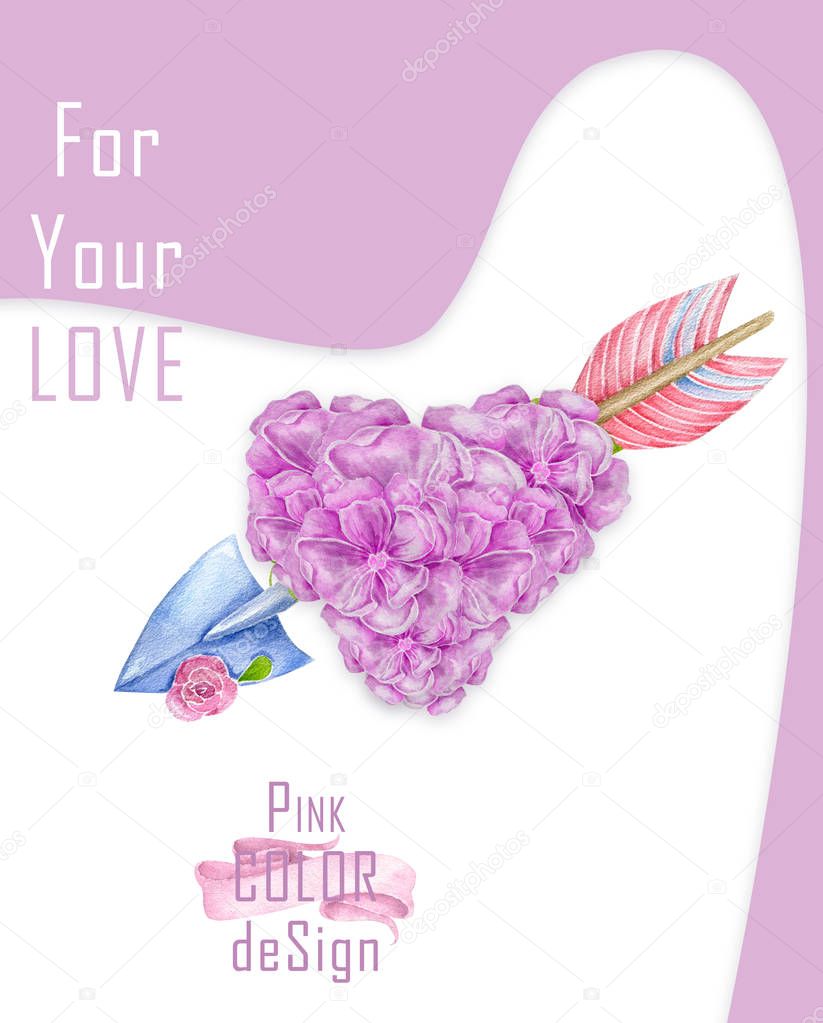 Heart and flowers Gift for your loved. Watercolor pink flowers for weeding, gretting, event, valentines day card. Love banner, and arrow Beauty trend color. Birthday frame pink gradient background