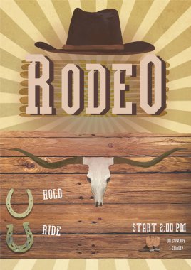 Rodeo veya Vahşi Batı tema partisi. Banner, flayer batı kartı. Teksas kartpostalı
