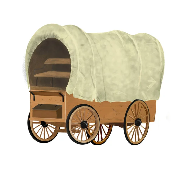 Ilustración digital de vagón cubierto de madera de estilo salvaje oeste. Mano dibujada occidental en fondo blanco — Foto de Stock