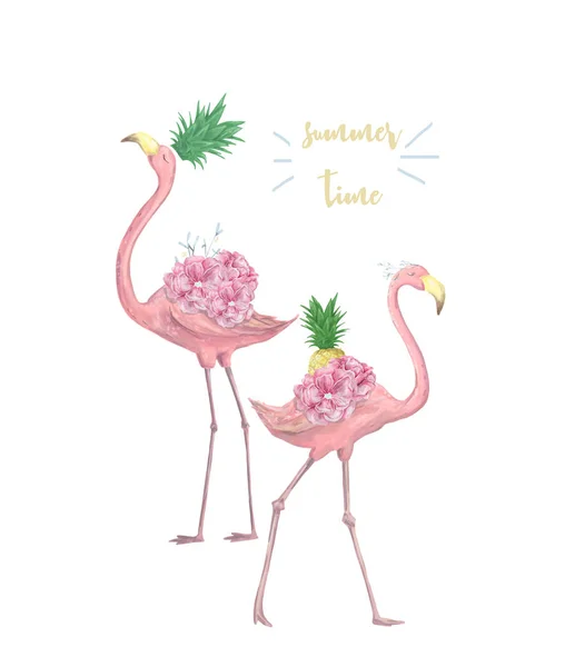 Un par de flamencos rosados. Acuarela lindo dos flamenco rosa. Estampado tropical para invitación, cumpleaños, celebración, tarjeta de felicitación. Ilustración de verano. Colores de moda. Pinza de aves —  Fotos de Stock
