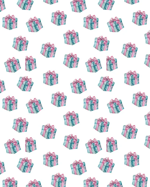 Ajándék doboz varrat nélküli ajándékmintázat. Giveaway ünnepek ismételt minta jelenlegi dobozok illusztráció köszöntés születésnap, ünneplés kártya akvarell Clip Art, szépség stílus fehér háttér geometriai — Stock Fotó