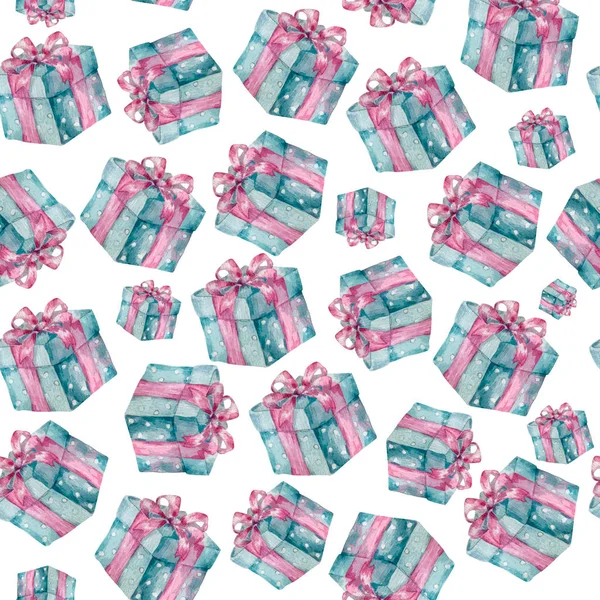 Present box seamless gift pattern. Giveaway holidays repeated pattern present boxes illustration For greeting birthday, celebration card Watercolor clip art, beauty style on white background Geometric