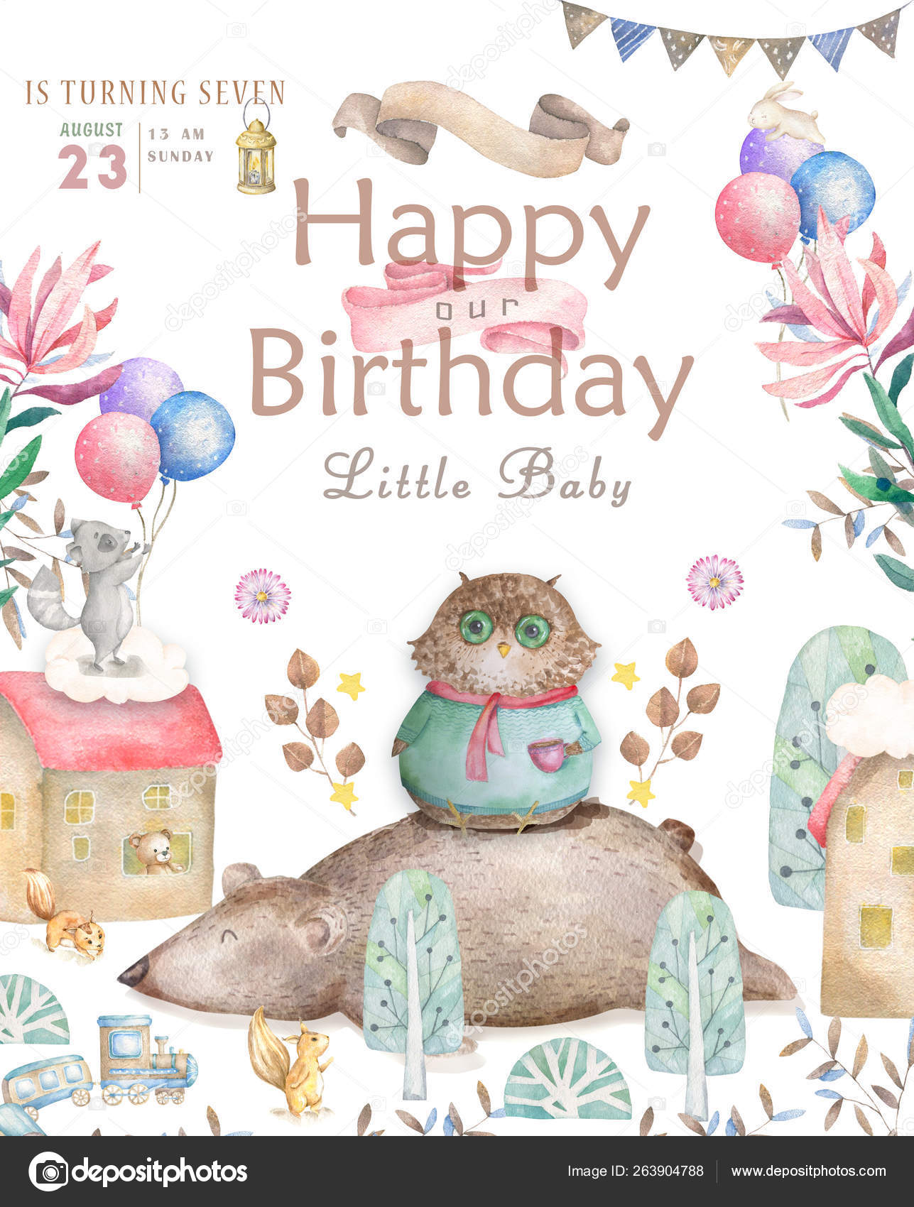 Watercolor Cute Cartoon Owl Cute Baby Greeting Card Boho Flowers
